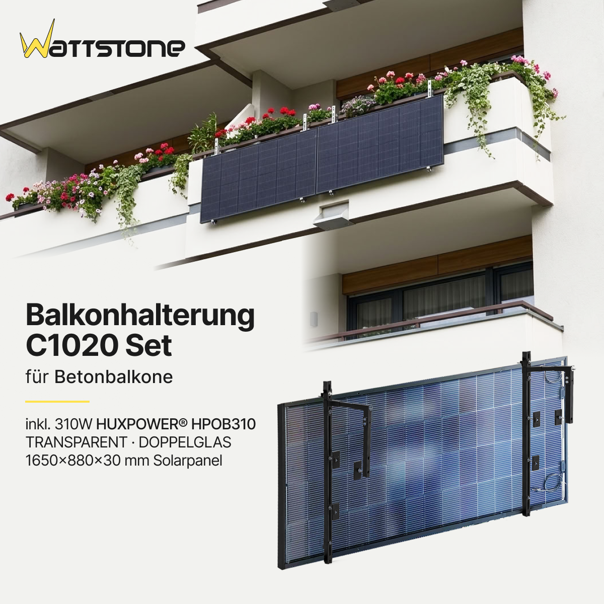 Balkonhalterung C1020 S Set für Betonbalkone mit 310W HUXPOWER® HPOB310 TRANSPARENT Doppelglas 1650x880x30 mm Solarpanel