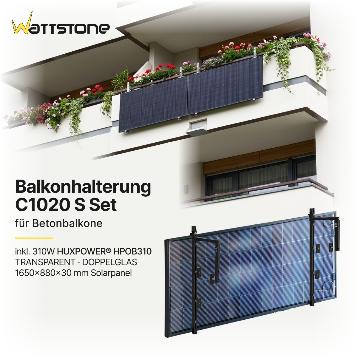 Balkonhalterung C1020 S Set für Betonbalkone mit 310W HUXPOWER® HPOB310 TRANSPARENT Doppelglas 1650x880x30 mm Solarpanel