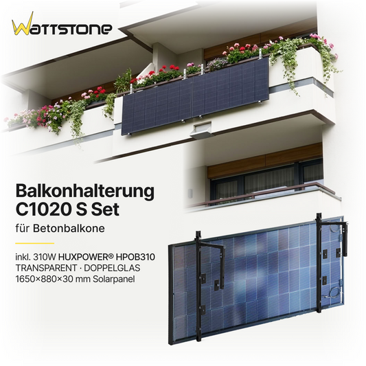 Balkonhalterung C1020 S Set für Betonbalkone mit 310W HUXPOWER® HPOB310 TRANSPARENT Doppelglas 1650x880x30 mm Solarpanel