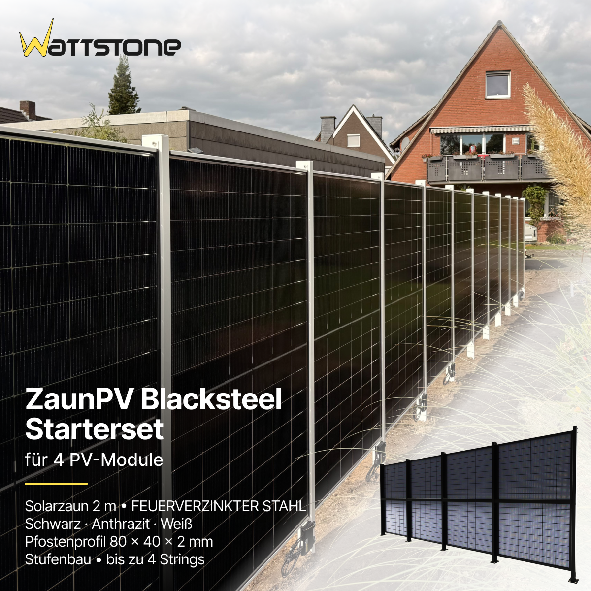 ZaunPV Blacksteel 2m - Starterset für 4 PV-Module