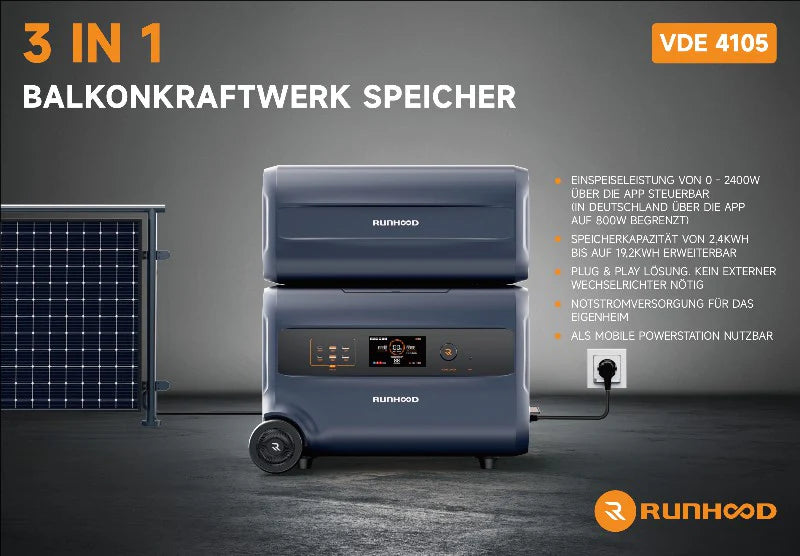 2,4 kWh RUNHOOD F2400 Balkonkraftwerk Solar-Speicher mit integriertem Mikro-Wechselrichter Batterie Portable Power Station