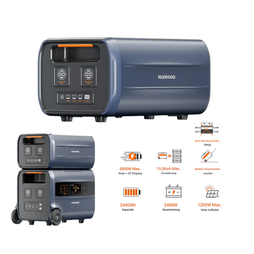 2,4 kWh RUNHOOD F2400 + 2,4 kWh RUNHOOD B2400 Erweiterungsbatterie / Balkonkraftwerk-Solar-Speicher mit integriertem Mikro-Wechselrichter / Batterie Portable Power Station